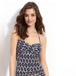 Robin Piccone Ikat Bandeau Tankini Halter Bikini Top Swim Navy Blue Cream Medium